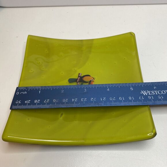 Glass Two Layer Green Pattern Art Glass Dish Toucan Decorative Tray 5.5” - Picture 8 of 9